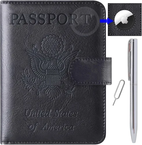 Miniatura 12 de Funda para pasaporte, cartera, artículos esenciales de viaje, de cuero, estuche con bloqueo RFID, equipaje de vacaciones, artículos imprescindibles