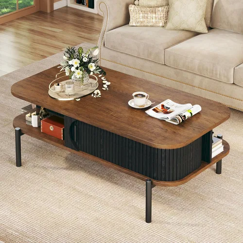 Miniatura 9 de Mesa de café, mesas de café modernas de mediados de siglo de 39.4" para la sala de estar, mesa de café con almacenamiento, estante abierto, mesa