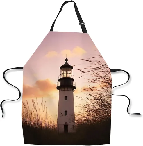 Delantal de Cocina Faro con Puesta de Sol Delantal para Hornear en Casa Chef Delantal Impermeable para Mujeres y Hombres 31X27 Pulgadas