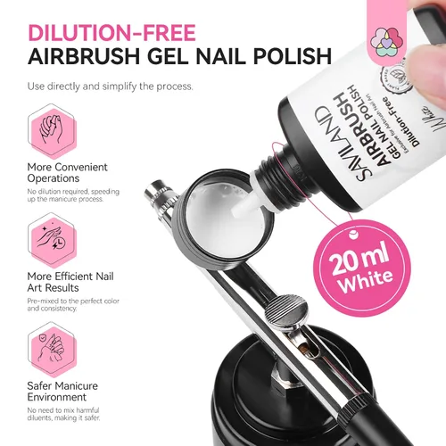Miniatura 2 de SAVILAND Esmalte de uñas de gel para aerógrafo sin dilución: sin hema, 0.7 fl oz, sin obstrucción, para aerógrafo blanco, sin acetona