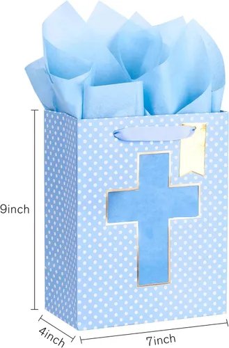 Miniatura 2 de Loveinside Bolsa de regalo azul, bolsa de regalo con diseño de cruz religiosa y puntos con papel de seda, etiqueta para bautismos de bebé, baby