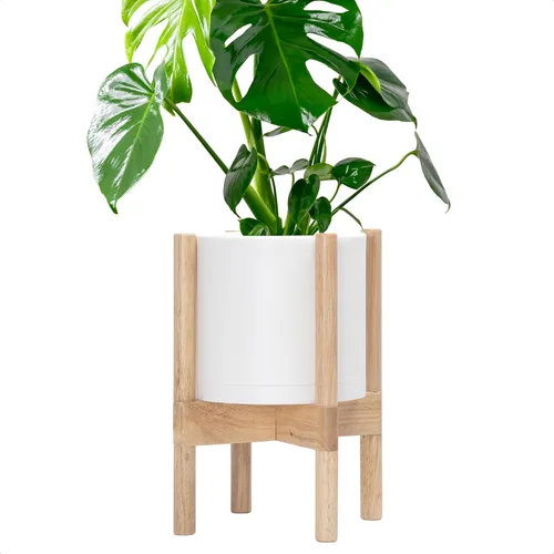 Miniatura 26 de Maceta de D'vine Dev con soporte - Maceta de flores de cilindro de plástico de 8.0 pulgadas con soporte de madera para interiores, maceta mate negra