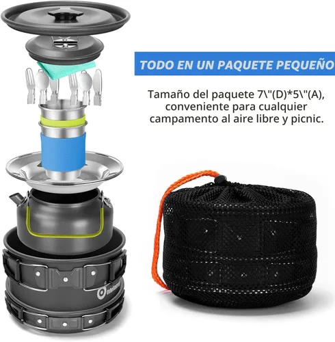 Miniatura 8 de Odoland 15pcs Camping Cookware Mess Kit, Non-Stick Lightweight Pot Pan Kettle Set with Stainless Steel Cups Plates Forks Knives Spoons for Camping