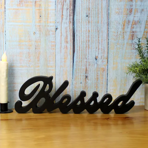 Miniatura 3 de CVHOMEDECO. Letrero de madera con texto en inglés «Blessed» para regalo y mesa/estante/decoración de pared del hogar/oficina, negro mate, 15 x 4-1/4