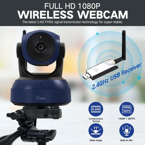 Miniatura 3 de Gsou Cámara web inalámbrica, videollamadas HD 1080P y cámara de transmisión, Plug and Play, cámara de computadora de campo de ángulo ajustable