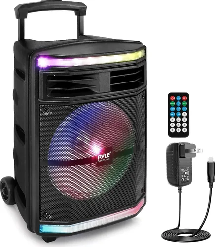 Pyle Altavoces Portátiles Bluetooth con Subwoofer de 10 Pulgadas, Altavoz Inalámbrico con Radio FM, Sistema de Karaoke y Batería Recargable, Luces