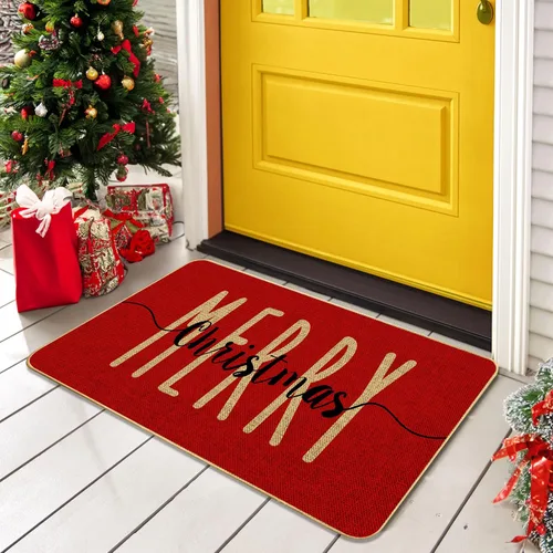 Miniatura 5 de Alfombra Decorativa de Puerta de Bienvenida Roja Feliz Navidad, Alfombra de Puerta de Invierno de Temporada, Alfombra de Piso de Perfil Bajo