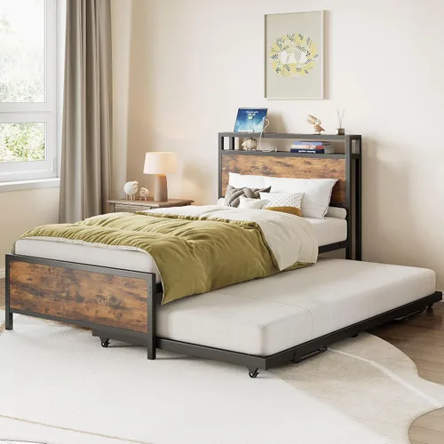 IRONCK Sofá cama individual con nido, marco de cama de metal resistente con cabecera de almacenamiento y estación de carga, cama nido desplegable