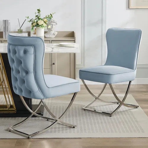 WUTUTUEE Sillas de Comedor de Terciopelo de Lujo, Sillas de Acento Tapizadas Capitoné sin Brazos con Patas de Metal Plateado en X, Juego de 2 Sillas