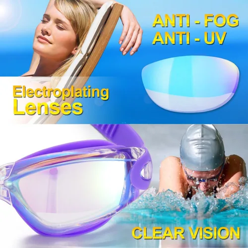 Miniatura 4 de Gafas de natación, paquete de 2 gafas de natación para adultos, hombres, mujeres, jóvenes, niños Morado/Gris (espejo).
