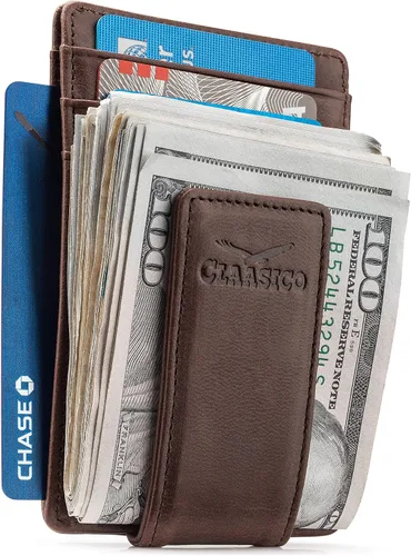 Billetera de cuero con clip para dinero, bolsillo frontal delgado, bloqueo RFID con imán súper fuerte