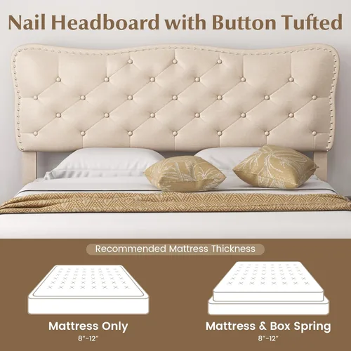 Miniatura 5 de Giantex Base de cama tamaño matrimonial color beige, plataforma tapizada de tela de lino con cabecera de clavos, base de colchón con botones