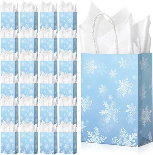 Jectivs Paquete de 24 bolsas de regalo para fiestas, bolsas grandes y gruesas de papel kraft blanco con copos de nieve azul hielo con tejido blanco,