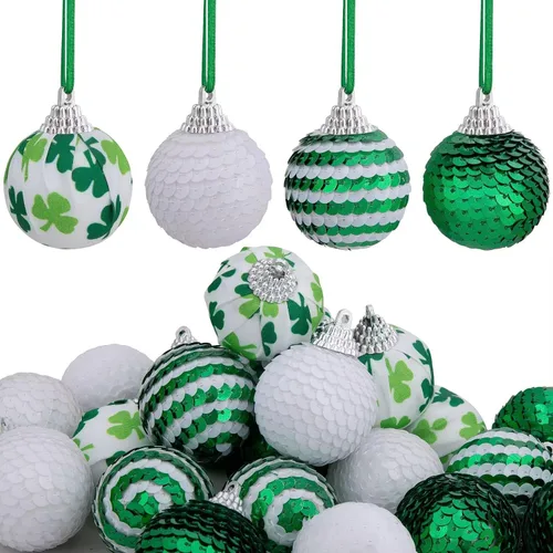 Watayo 24 bolas de lentejuelas para el día de San Patricio, bolas colgantes de trébol verde, adornos de trébol de la suerte para decoración de