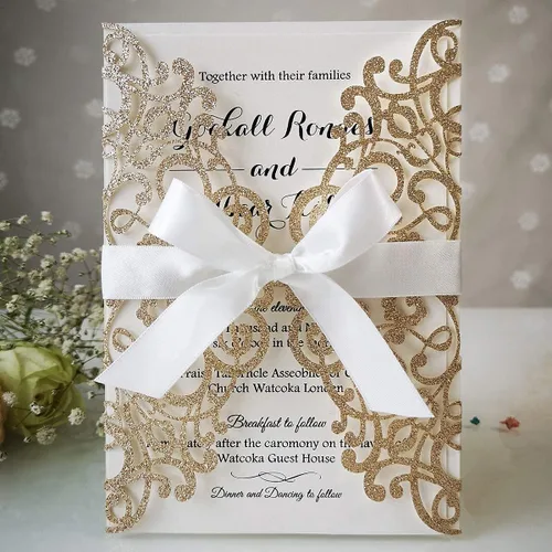 Miniatura 11 de Kit de invitaciones de boda de 5.12 x 7.28 pulgadas, 20 unidades de champán en blanco, con purpurina, cortadas con láser, tarjetas de invitación