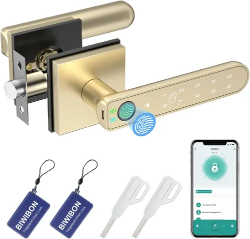 BIWIBON Cerradura de puerta de huellas dactilares, perilla de puerta 5 en 1 con aplicación inteligente, huella dactilar, tarjetas Dorado