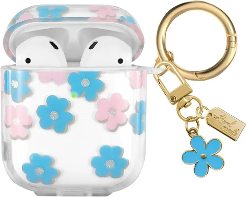 Miniatura 17 de Funda compatible con AirPods, funda de TPU suave con bonito patrón de flores para AirPods de 2 y 1 generación con llavero colgante y mosquetón