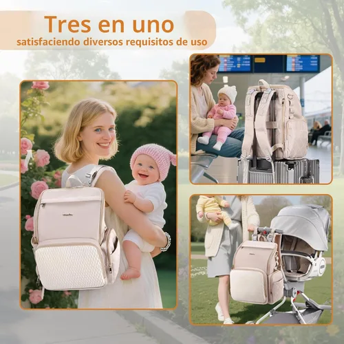 Miniatura 7 de Elegante bolsa de pañales para bebé, bolsa de bebé con cambiador, funda para chupete y correas para cochecito, mochila grande para pañales