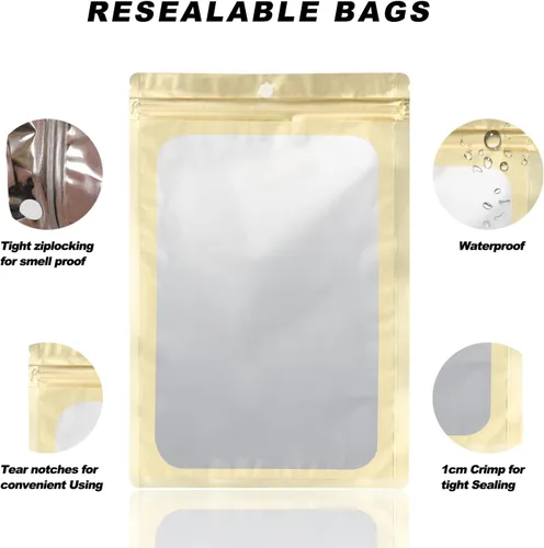Miniatura 3 de Paquete de 100 bolsas de Mylar con ventana transparente, bolsas de almacenamiento de alimentos, a prueba de olores, embalaje de mano resistente a