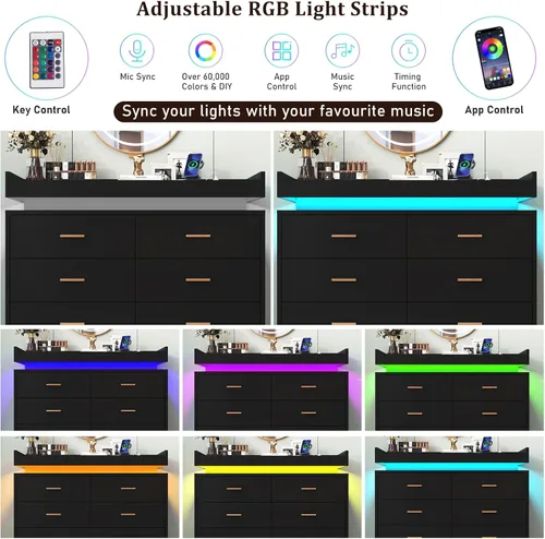 Miniatura 5 de Hlivelood Cómoda de 8 cajones con luz LED y estación de carga, cómoda moderna para armario, armario organizador de cajones anchos para dormitorio