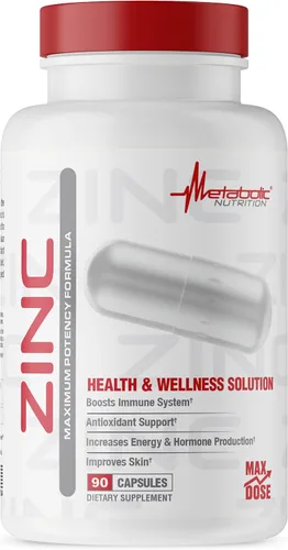 Suplemento de zinc de Metabolic Nutrition, 75 mg, 90 cápsulas de zinc, apoya la función del sistema inmunológico con óxido de zinc