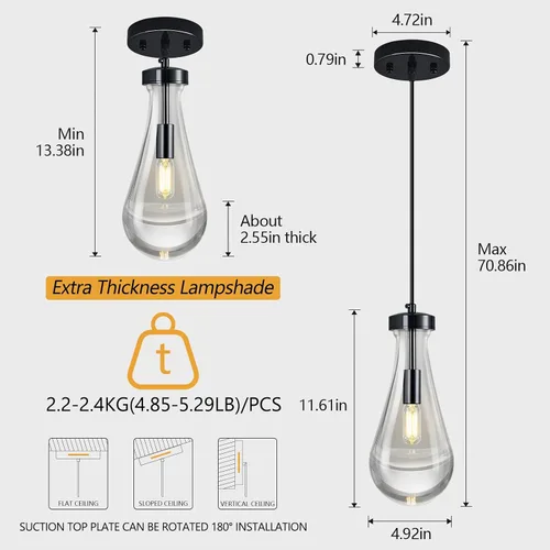 Miniatura 2 de Luces colgantes de gota de lluvia, para isla de cocina, lágrima, lámparas colgantes negras, lámparas colgantes de vidrio sólido transparente