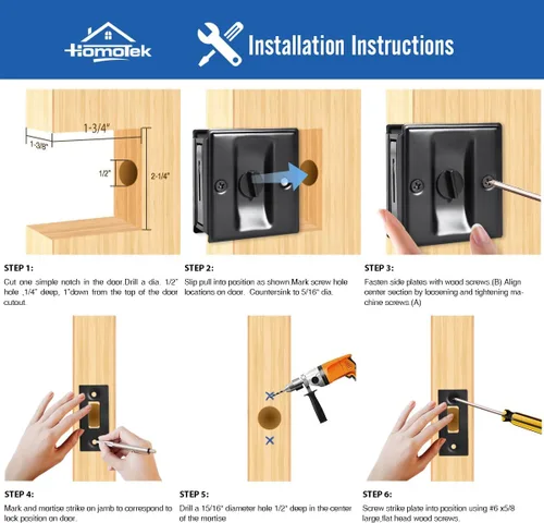 Miniatura 5 de HOMOTEK Cerradura de Puerta Corrediza de Privacidad con Tirador - Reemplaza el Hardware de Cerraduras de Bolsillo Viejas o Dañadas Rápida y Negro