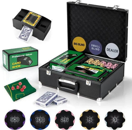 GYMAX Juego de fichas de póquer, juego de fichas de casino Texas Hold'em de 300 piezas con funda de transporte, 6 mazos de cartas, 5 dados y 3