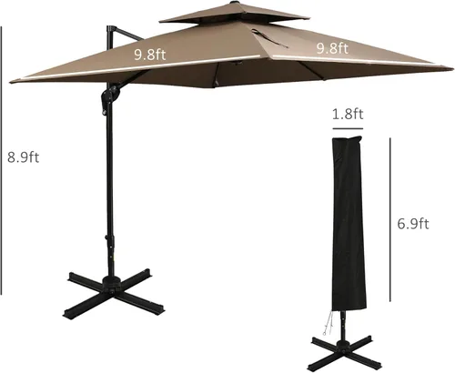 Miniatura 7 de Outsunny Sombrilla de patio de 10 pies con base, sombrilla voladiza de aluminio colgante de doble parte superior con rotación de 360 grados, fácil