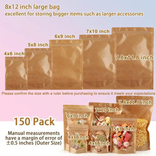 Miniatura 4 de Paquete de 150 bolsas de papel kraft con ventana de 8x12, bolsas de Mylar grandes con cierre y base para almacenamiento de alimentos, bolsa