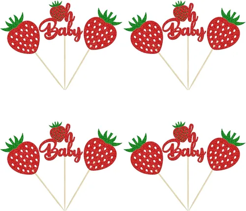 Miniatura 7 de 24 piezas de decoración de cupcakes con purpurina de fresa Oh Baby con temática de frutas, baby shower, para revelación de género, baby shower, D