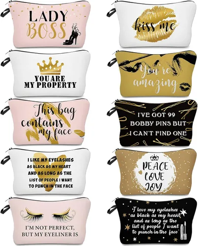 Miniatura 8 de Boao 10 bolsas de maquillaje con letras a granel, bolsa de cosméticos para mujeres, organizador de cremallera de viaje, bolsa de artículos