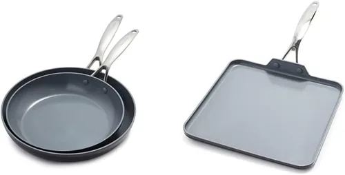 GreenPan Valencia Pro - Juego de sartenes antiadherentes de cerámica anodizada dura y saludable de 10 y 12 pulgadas, gris y sartén antiadherente de