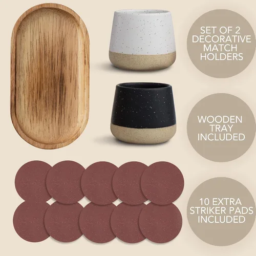 Miniatura 8 de Soporte Decorativo de Fósforos de Cerámica con Bandeja de Madera - Juego de 2 Hermosos Soportes Mates con Encendido Son una Mejora para Cualquier