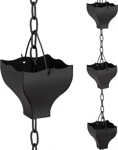 Miniatura 6 de Rifachua Cadena de lluvia negra de 8.5 pies para canaletas y bajantes exteriores, Cadenas de lluvia de copas negras tipo barril, Reemplazo funcional