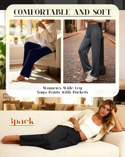 Miniatura 185 de Neer - Conjunto de 3 pantalones de yoga de pierna ancha para mujer - Pantalones deportivos cómodos, holgados, de cintura alta y casuales