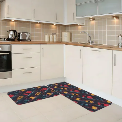 Miniatura 2 de Antifatigue Kitchen Mats for Floor 2 Piece - Retro Color Racing Car Print Kitchen Rugs Washable, Non Slip Runner Rug Standing Mat for
