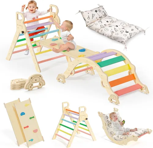 BlueWood Set de Triángulo Pikler con Cojín, Juguetes de Escalada 8-en-1 para Niños Pequeños, Gimnasio de Juegos con Filosofía Montessori con Arco,