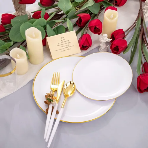 Miniatura 6 de LIYH - Juego de vajilla de plástico desechable de 180 piezas, color blanco y dorado, cubiertos de plástico dorados, platos desechables resistentes