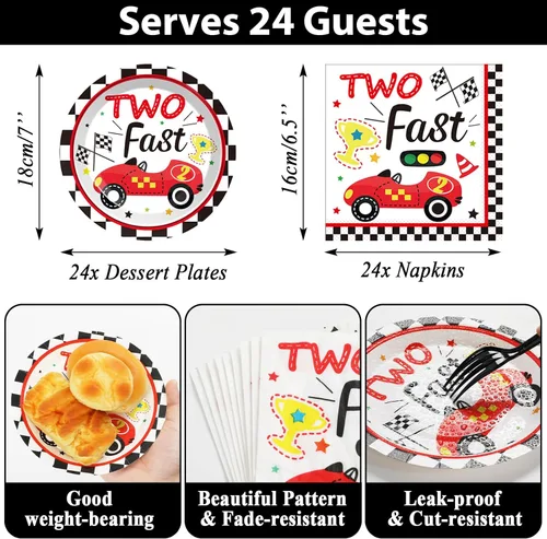 Miniatura 2 de Dos suministros rápidos para fiesta de cumpleaños, sirve 24 Decoración de fiesta de coche de carreras, platos de papel, servilletas, juego
