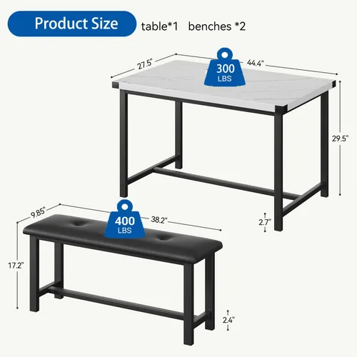 Miniatura 7 de GarveeHome Juego de mesa de comedor para 4, mesa de cocina con 2 bancos tapizados, juego de comedor de cocina de madera, para espacios pequeños