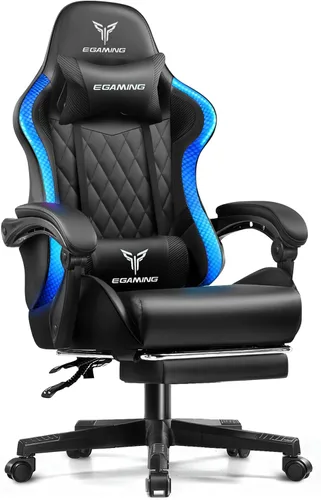 Miniatura 8 de EXRACING Silla ergonómica para videojuegos, silla de computadora con reposapiés y soporte lumbar, silla de oficina de cuero con respaldo alto blanco