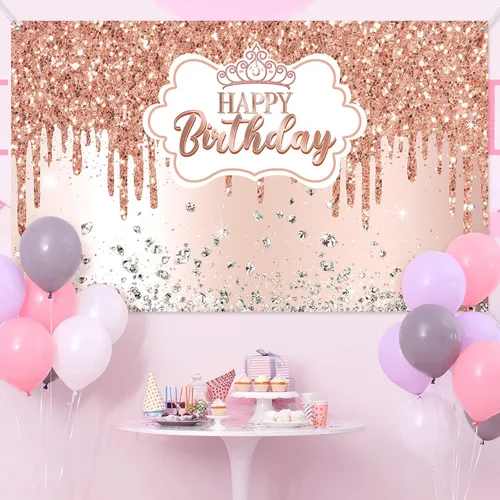 Miniatura 4 de Tudomro Telón de fondo de feliz cumpleaños de oro rosa para mujer, pancarta de oro rosa con purpurina de diamante, fondo de fotografía de princesa