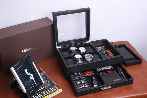 Miniatura 7 de Lifomenz Co Joyero para hombre, bandeja de valet con cajón y organizador de estación de carga, organizador de mesita de noche para hombres, bandeja