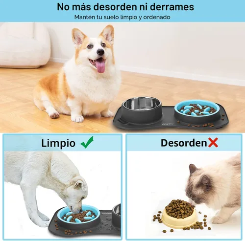 Miniatura 4 de Anipaw Cuencos de alimentación lenta para perros 3 en 1 de acero inoxidable para alimentos y agua con alfombrilla de silicona antideslizante