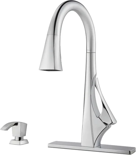 Pfister Venturi F5297VNC - Grifo de cocina con rociador desplegable y dispensador de jabón, mango único, arco alto, acabado cromado pulido, F5297VNC
