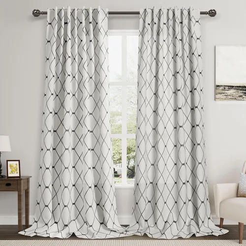 Miniatura 7 de Cortinas oscurecedoras de habitación con patrón geométrico negro de 80 pulgadas de largo para sala de estar, juego de 2 paneles, decoración clásica