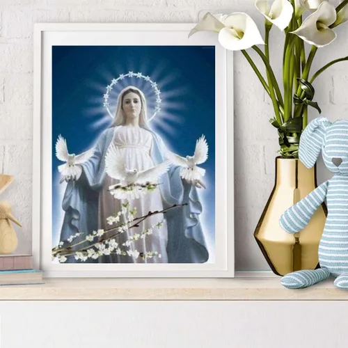 Miniatura 2 de UPABLUNSO Juego de pintura de diamantes de paloma virgen maría y paloma por números 5D completo redondo para decoración de pared del hogar