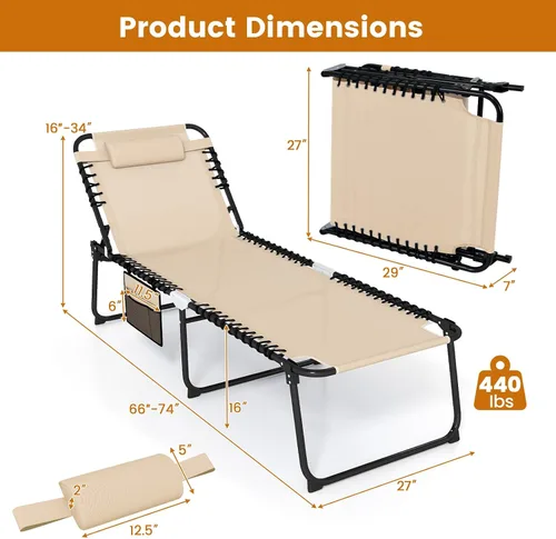 Miniatura 3 de Goplus Tumbona para exteriores, silla de playa plegable extragrande de 5 posiciones con almohada desmontable, bolsillo lateral, silla de bronceado