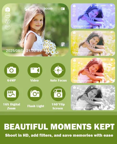 Miniatura 3 de Cámara digital para niños, 64 MP, 1080P, 2.4 pulgadas, pantalla abatible, 32 GB, tarjeta SD para niños, niñas, juguetes, regalos para niñas de 3 a